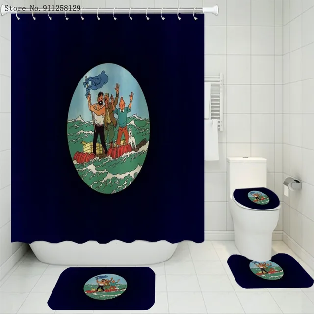 4 Pieces The Adventure Of TinTin Shower Curtains Sets Cartoon Anime Carpet Pedestal Rug Lid Toilet Cover Bath Mat Bathroom Set