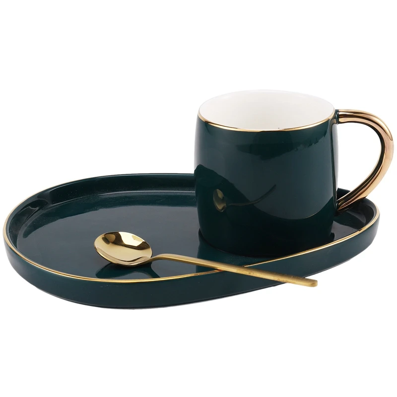 Japanese Style Luxury Ceramic Cup with Plate Creative Gold Coffee Mug Snack Dish Set Simple English Afternoon Tea Spoon | Дом и сад
