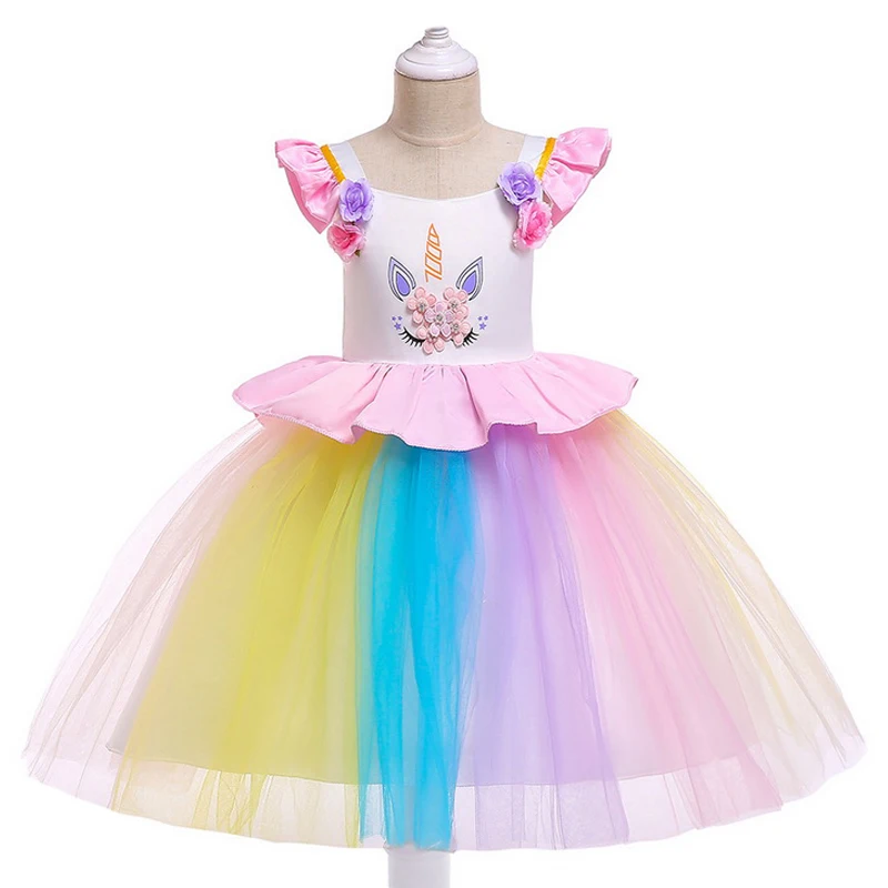 Детский костюм для косплея с единорогом платье пачка радужными цветами девочек
