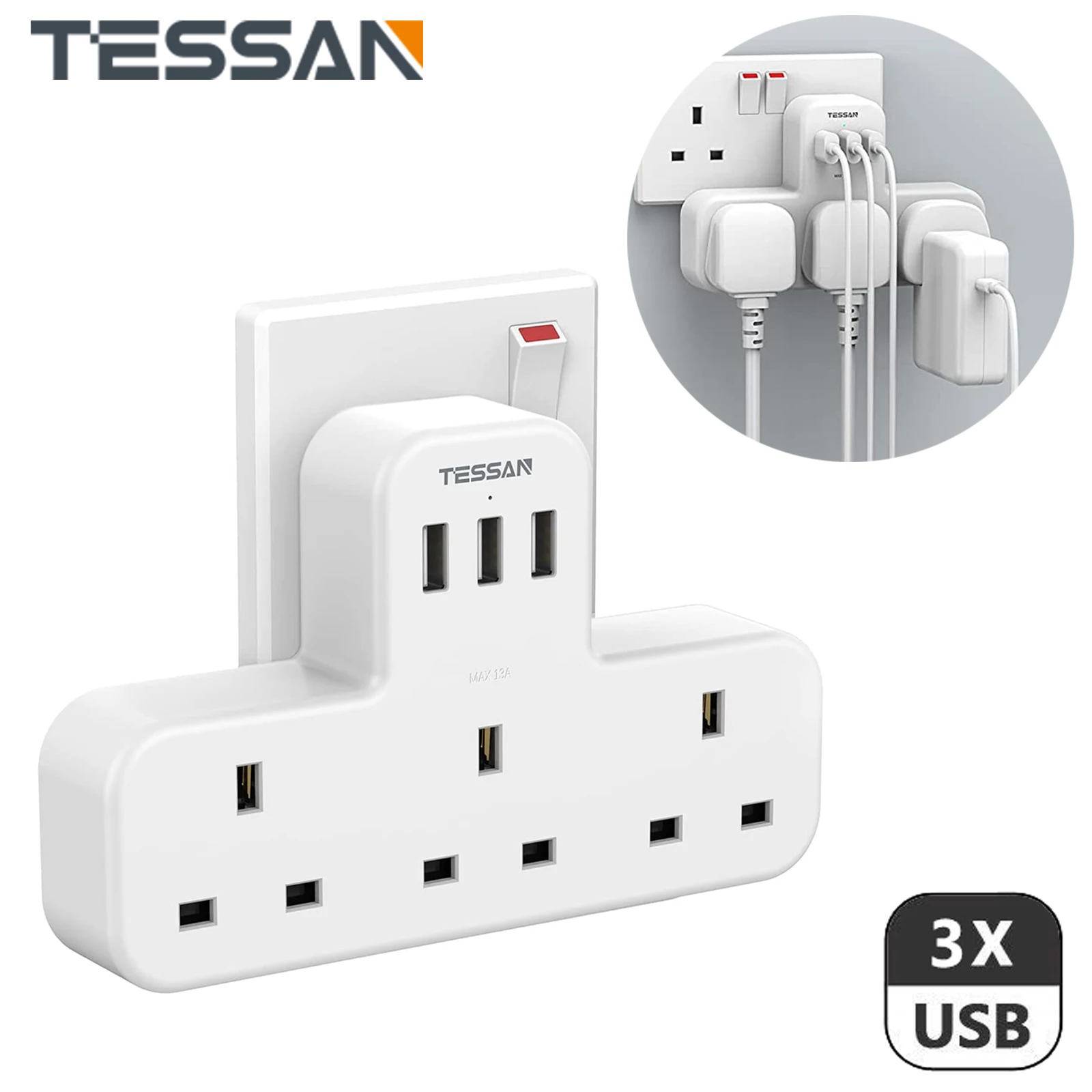 

TESSAN UK 3 Way Plug Adaptor with 3 USB Ports (5V/2.4A) Wall Socket Extension, 13A 3 Pin Power Adapter for Home, Office, Kitchen
