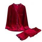 Красная бархатная женская пижама с длинным рукавом домашний костюм одежда для сна теплая кружевная Пижама домашняя одежда для сна Повседневный Женский комплект осенний костюм 2021