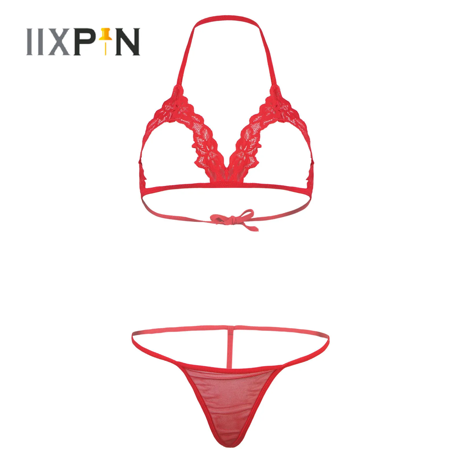 

Womens Floral Lace Erotic Lingerie Suit Hollow Out Lace-up Open Cup Bra with Mesh T-Back Briefs Two-Piece Underwear Sleepwear