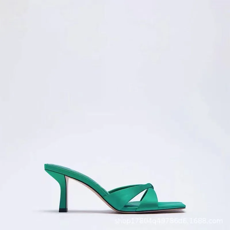 2022 женские летние синие сандалии на высоком каблуке с квадратным носком шлепанцы