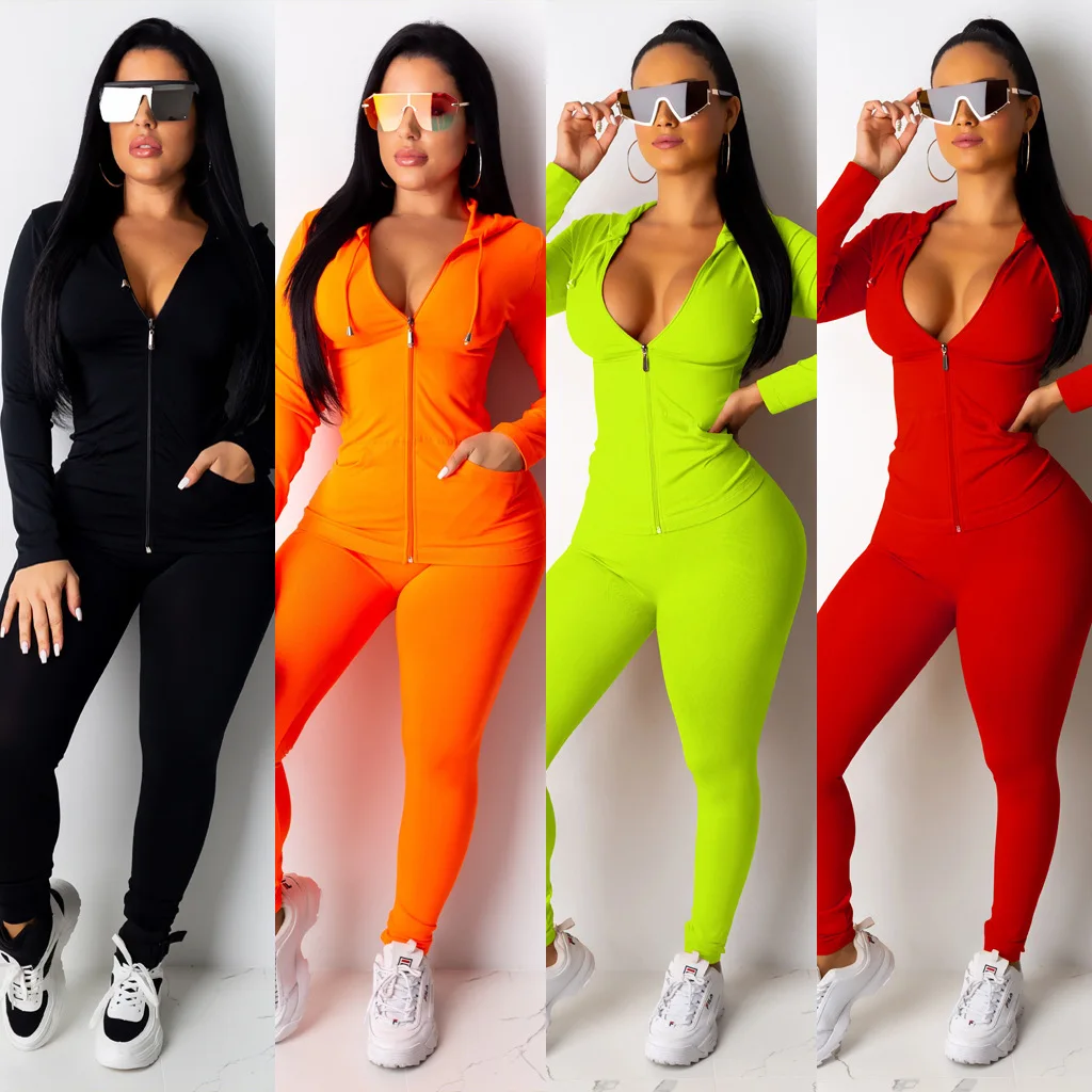 

Two Piece Set Women Long Sleeve Hooded Zipper Pocket Sport Jogger Leggings Matching Sets Workout Stretchy Outfits