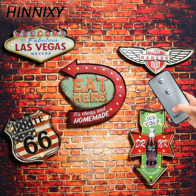 Hinnixy Vintage LED Wall Lamp Coffee Bar Resturant Decor Lighting Iron Art Route66 Cola Ice Cream Remote Control Night Lights |