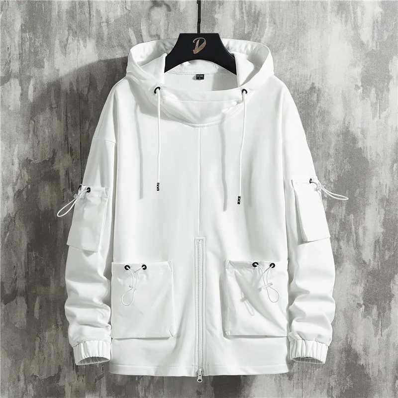 

Streetwear White Sweatshirt Nice Harajuku Multi Pockets Hoodies Hip Hop Outwear