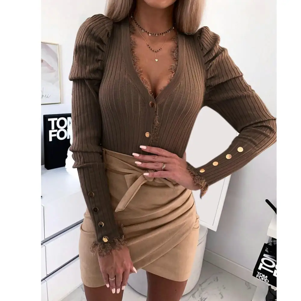 

Sexy Lace Long Sleeve V Neck Casual Blouse 2021 Autumn And Winter Fashion Shirts Women's Knited Blouse Tight Basic Shirt Mujer