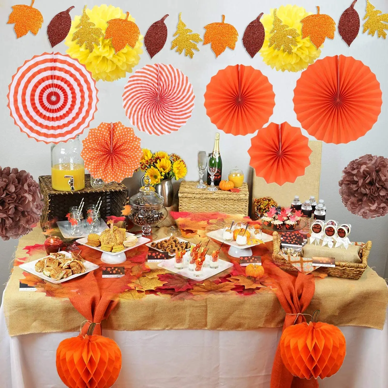 Halloween Party Decorations Orange Paper Fans Autumn Pumpkin Honeycomb Thanksgiving for Home Artificial Maple Leaves | Дом и сад