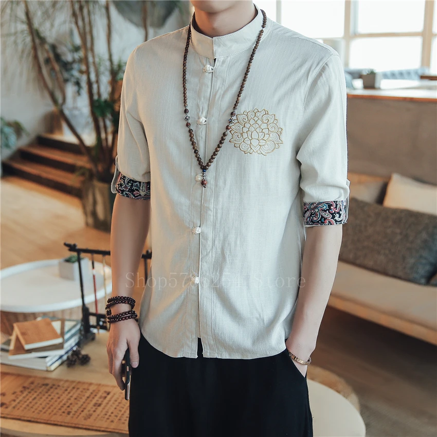 Мужские хлопковые льняные рубашки традиционная китайская одежда с вышивкой для