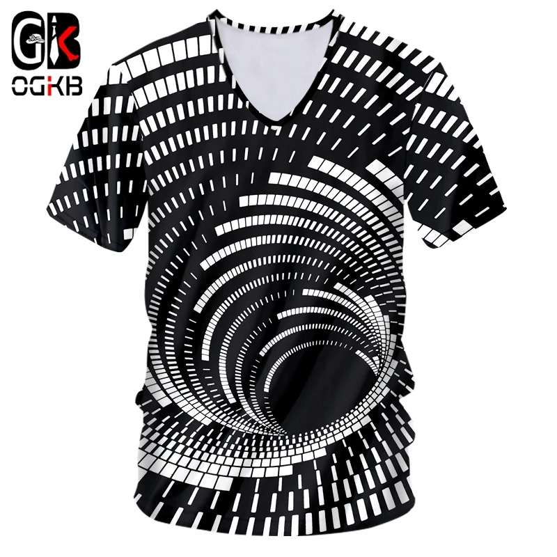 OGKB мужские футболки с v-образным вырезом червоточина принт черный белый вихрь 3D