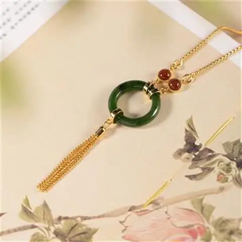

S925 Sterling Silver Hetian Jade Green Jade Peace Buckle Tassel High-End Women Gilding Craft Pendant Clavicle Chain Set Chain