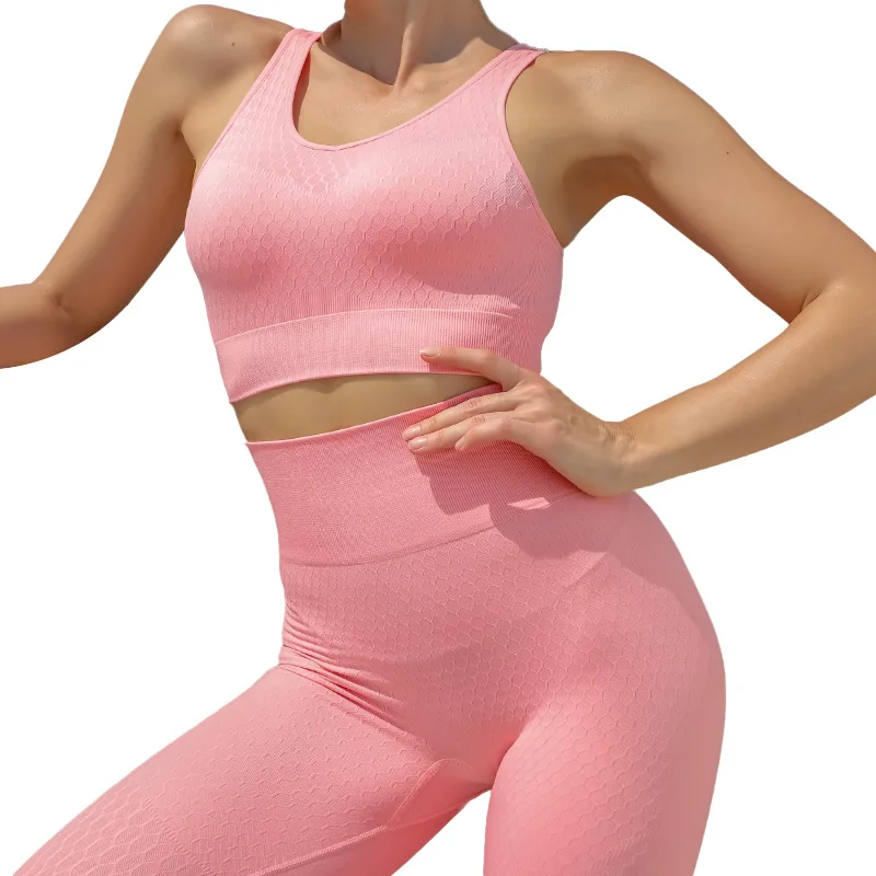 

The new honeycomb seamless yoga clothing female bodybuilding vest carry buttock trousers two-piece outfit