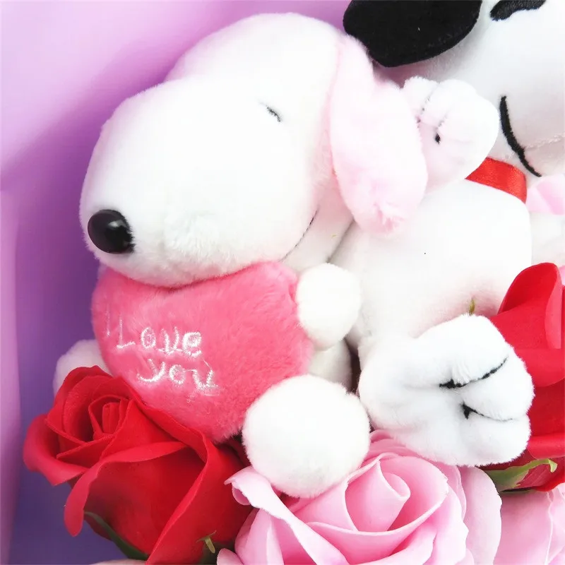 

Artificial Lovely Dog Plush Toys With Rose Soap Flower Bouquet Valentine Mother's Day Christmas Graduation Gifts