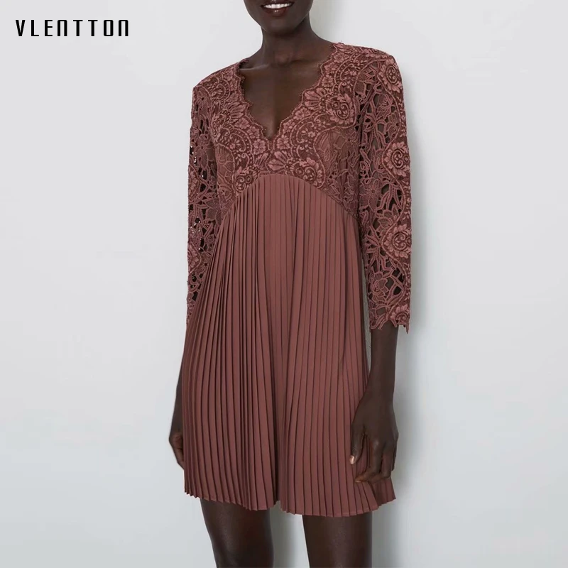 Женское ажурное мини платье элегантное кружевное плиссированное составного