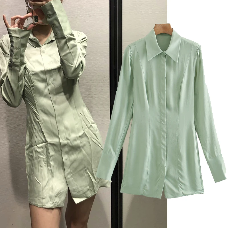 Женское платье-рубашка с отложным воротником ZA однотонное зеленое платье миди