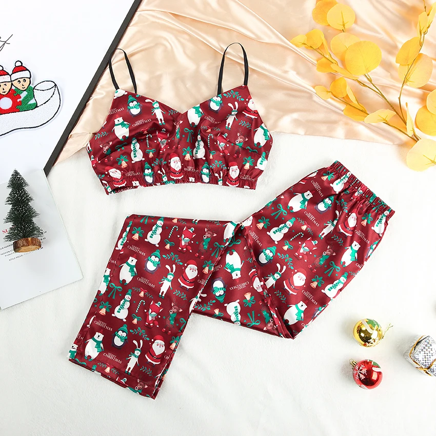 

Pattern Merry Christmas Pajamas Women Satin V Neck Spaghetti Strap Two Piece Sets Print Pants Female Nightwear Home Suit