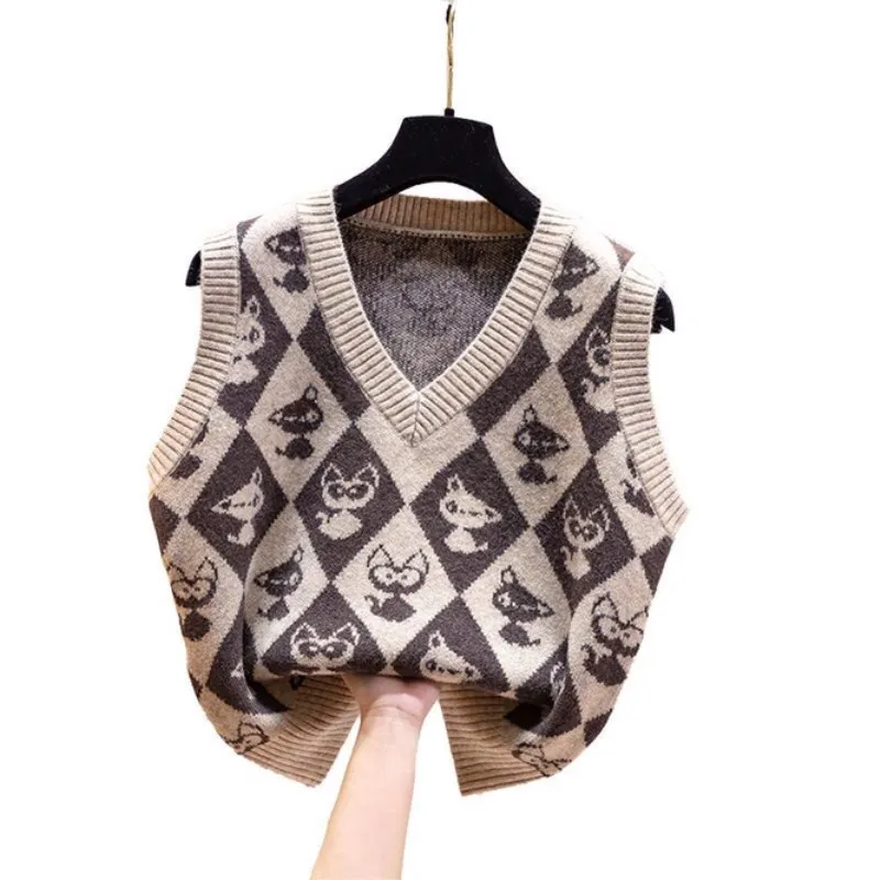 

New Women Knitted Top Loose coat Simple Short Cloth Fashion Korean lady Girls Waistcoat Jacquard Autumn Sleeveless Sweater Vest