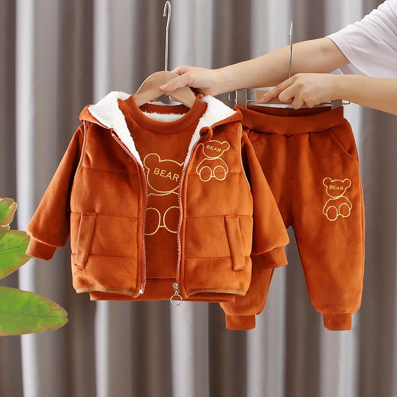 

Winter Warm Baby Boy Girl Clothes set Thicken Hooded Jacket + Sweatshirt + Pants 3pcs Set Plus velvet Toddler Christmas Costume