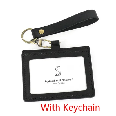 Black-Keychain Ремешок для ID бейджа, чехол из чистой натуральной кожи, держатель для кредитных/автобусных карт, аксессуары, брелок, топ из воловьей кожи, кошелек для монет и ID - Цвет: Black-Keychain