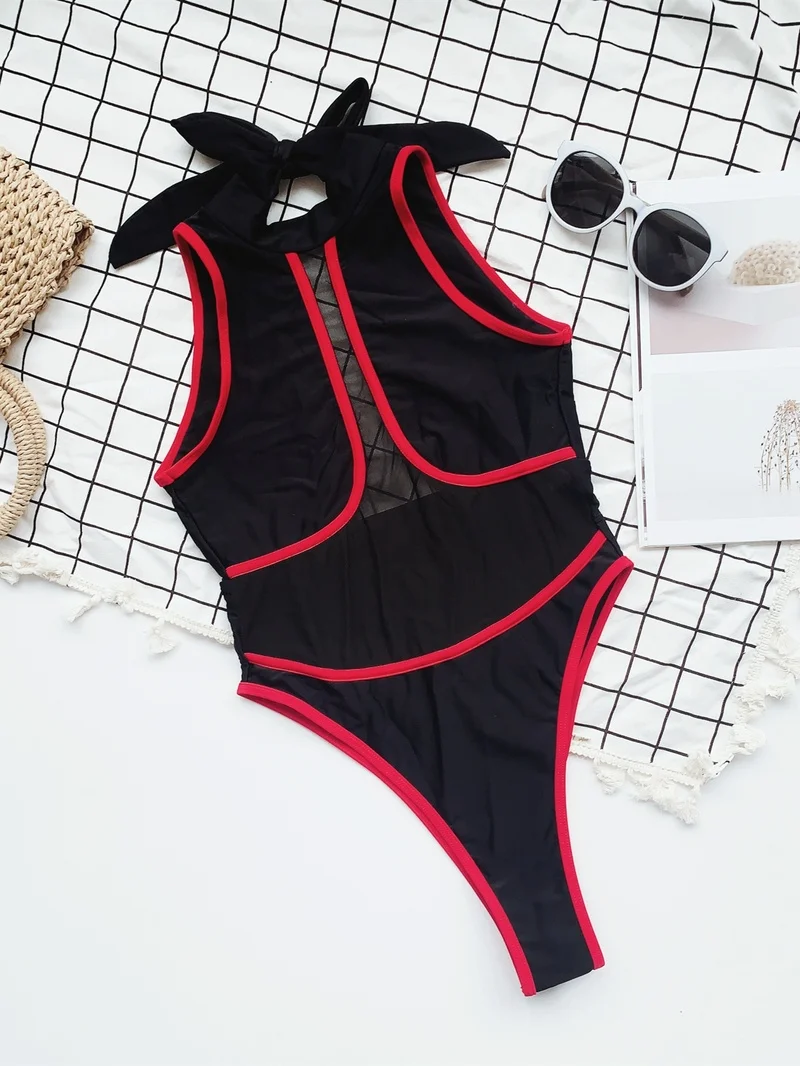 

New Black Perspective One-piece Swimsuit European American Bikini Stitching Female Backless Swimwear Solid Color Bikini Women