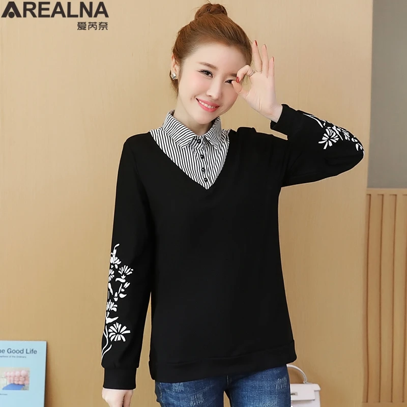 Autumn plus size Striped spliced women sweatshirt korean hoodie Fake Two Pieces Casual Tracksuit streetwear sudadera mujer L-5XL | Женская