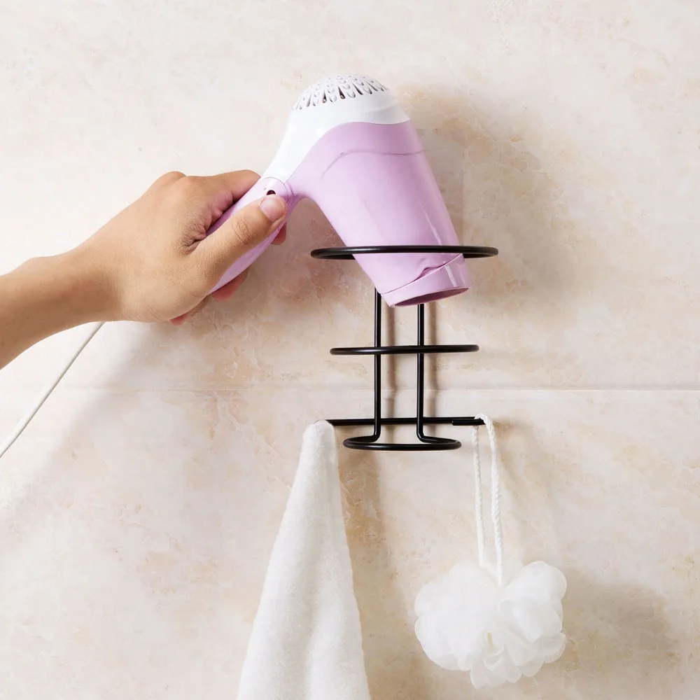 Iron Wall Mounted Hair Dryer Holder Bathroom Storage Shelf Towel Rack with Hooks for Hairdryer Organizer Shower Caddy | Обустройство