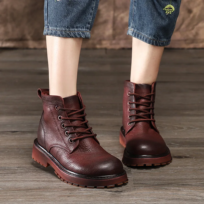 2019 обувь ручной работы ботинки из натуральной кожи Женская Обувь с круглым