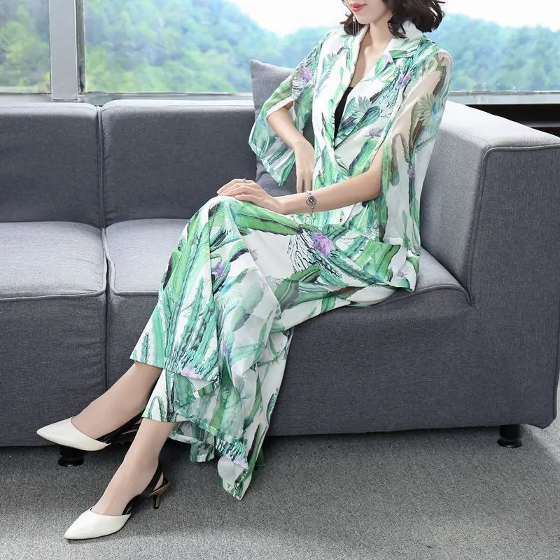 

Office Lady Lapel Slim Printed Blazer Suit Wide Leg Pants Two Piece Set Elegant Green Double Breasted Coat & Baggy Pants Suit