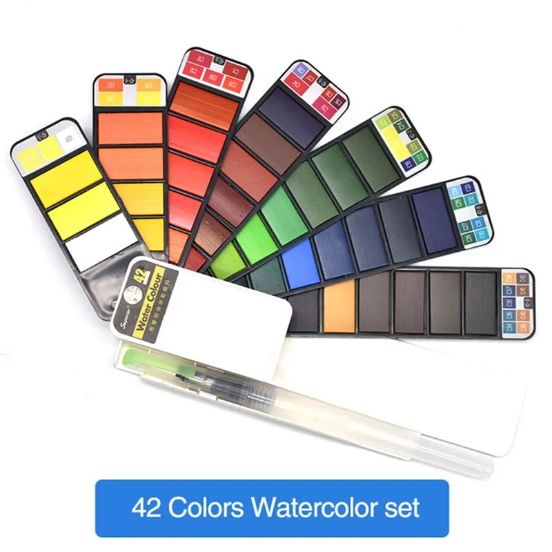 

Dropshipping Superior 18/25/33/42colors Solid Watercolor Paint Set With Water Brush Pen Portable Water color Pigment For Drawing