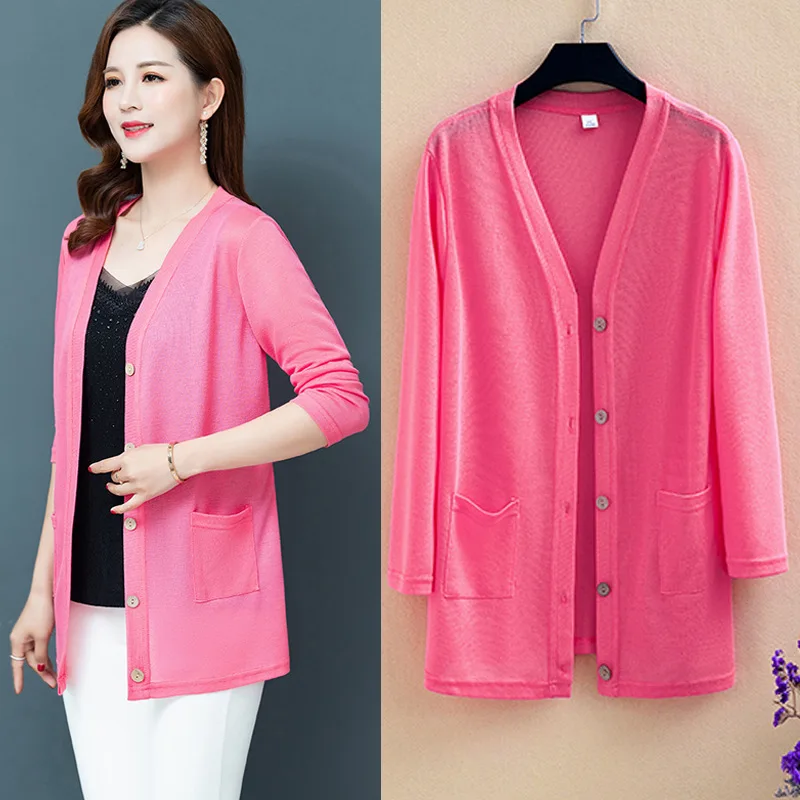 

summer large women's knitted cardigan medium long thin coat women's long sleeved sunscreen coat shawl coat