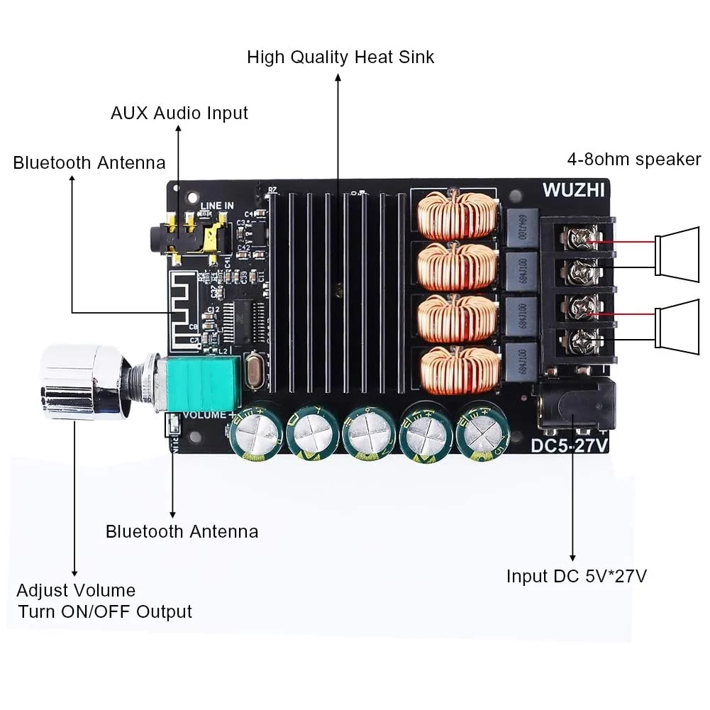 

Bluetooth 5.0 Wireless Audio Digital Power amplifier Stereo board 100W*2 With Bass Black Dual Channels Stereo 1002T HiFi Stereo