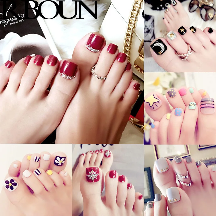 Поддельные Типсы для ногтей ног пресс дизайна гроб с клеем дизайн прозрачный