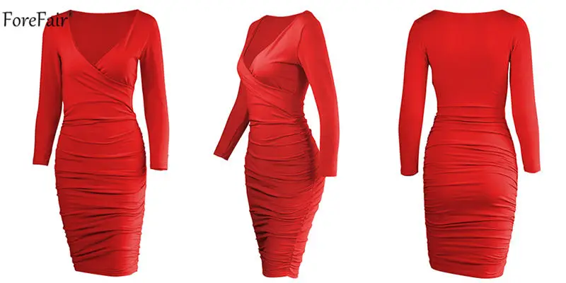 Forefair V Шеи Обертывание Bodycon миди платье черный зима осень для женщин с длинным рукавом Ruched Cross твердые сексуальные повседневные красные платья