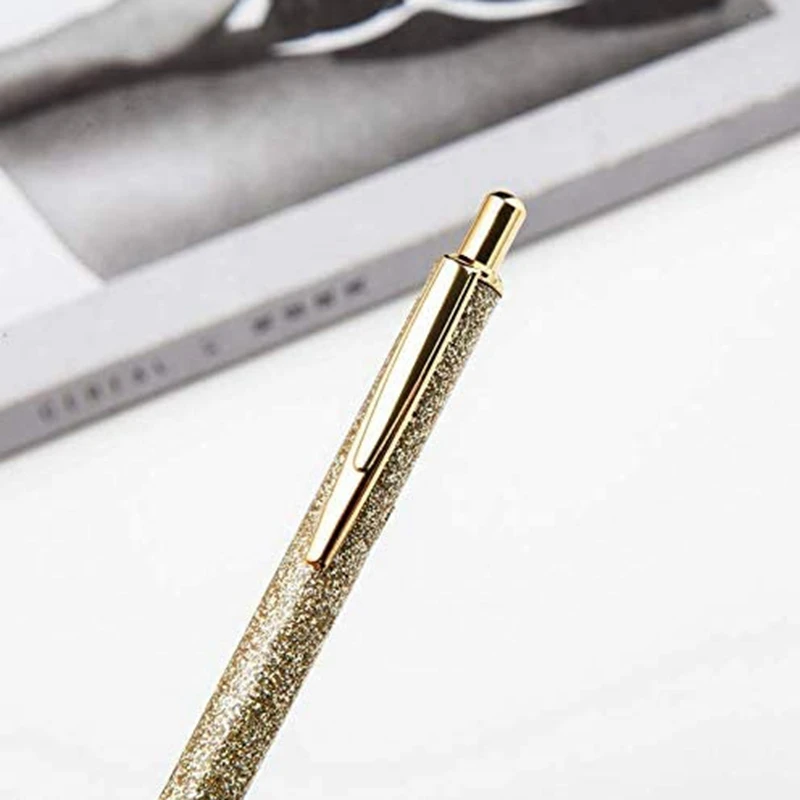 6Pcs Glitter Ballpoint Pens Metal Retractable Pen Black Ink 1mm Medium Point Silver Gold Rose Click Ball Gifts |