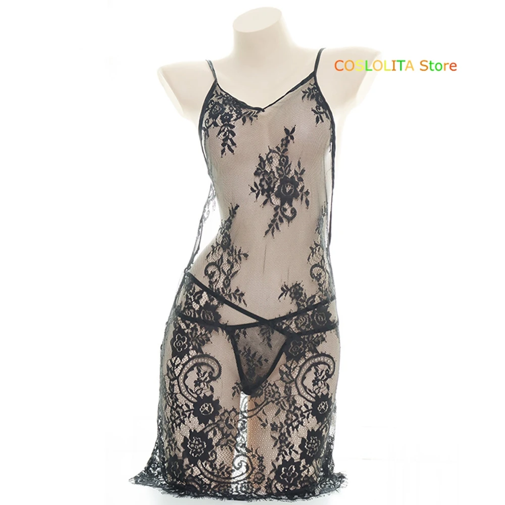 

Women Black Transparent Lace Sleepwear Dress Cosplay Retro Japanese Girls Sexy Harajuku V-neck Sleeveless Perspective Pajamas