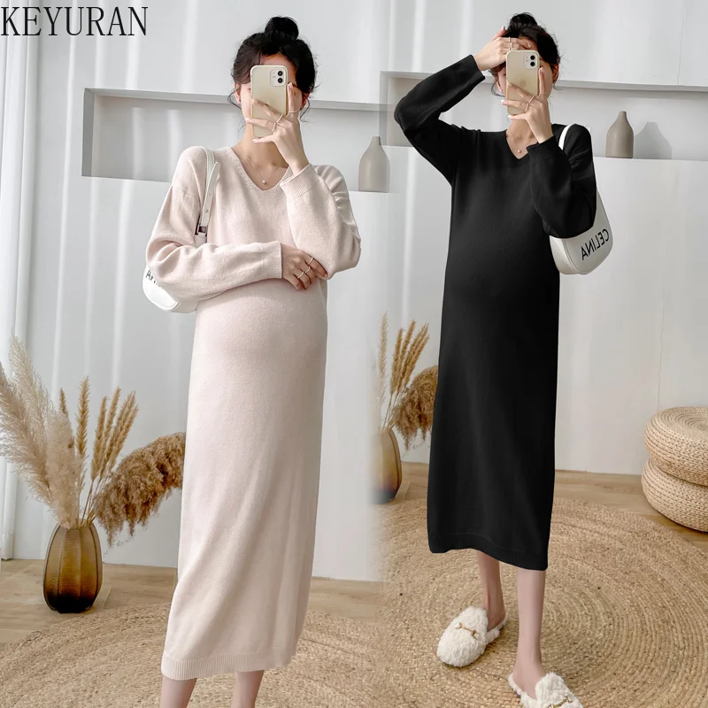 

Knitted Maternity Dresses Pregnancy Autumn Winter V-neck Long Sleeve Sweater Maxi Dress Pregnant Clothes Vestidos De Maternidad