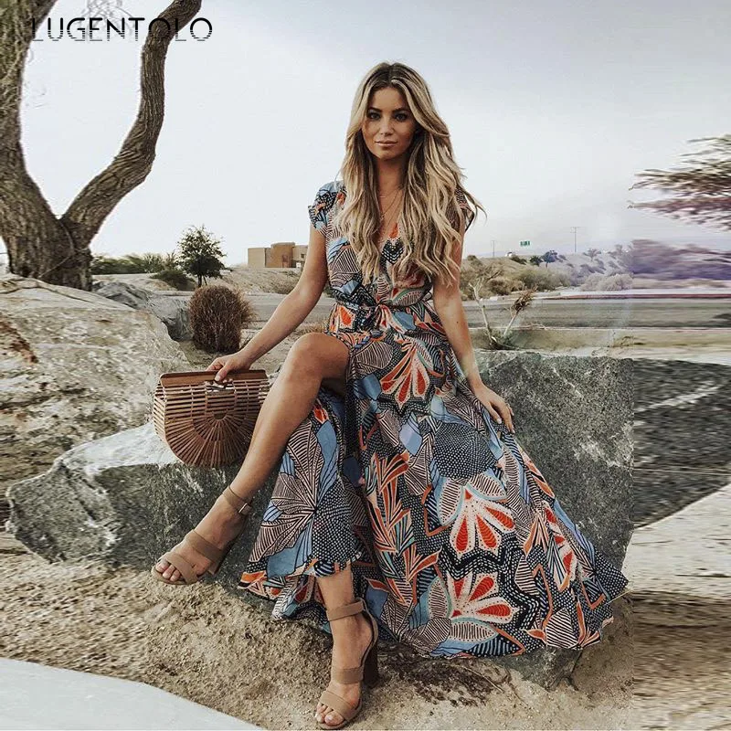 

Women Sexy Dress V-neck Summer Short Sleeve Dresses Female Temperament Fashion Empire Big Swing Causal Maxi Dress Lugentolo
