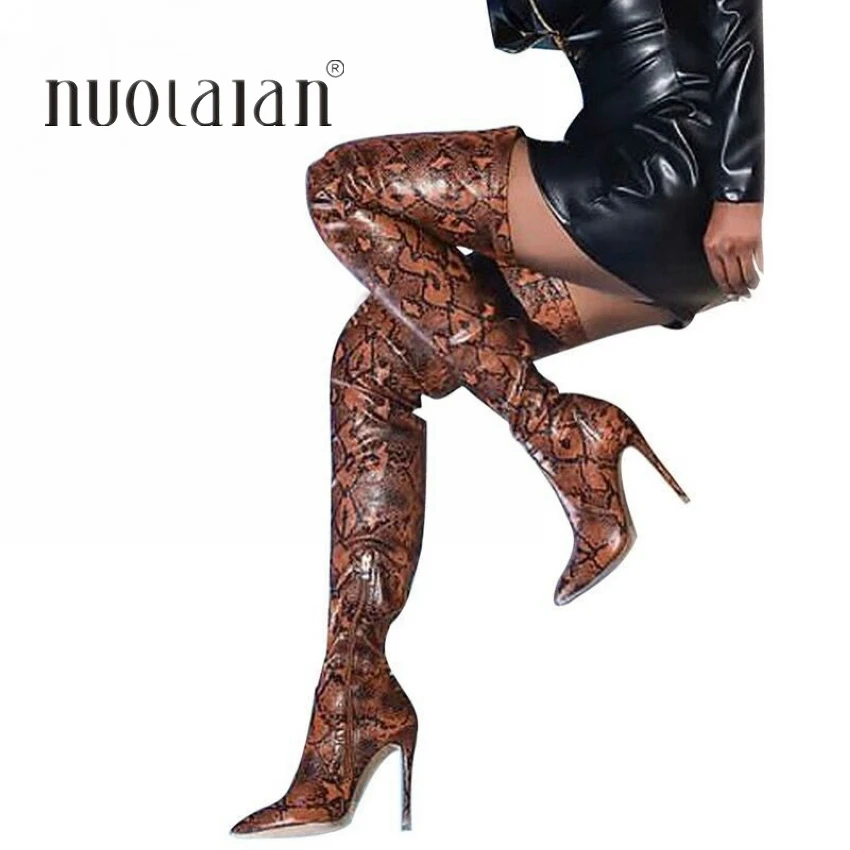 Женские кожаные сапоги выше колена с леопардовым принтом Модельные