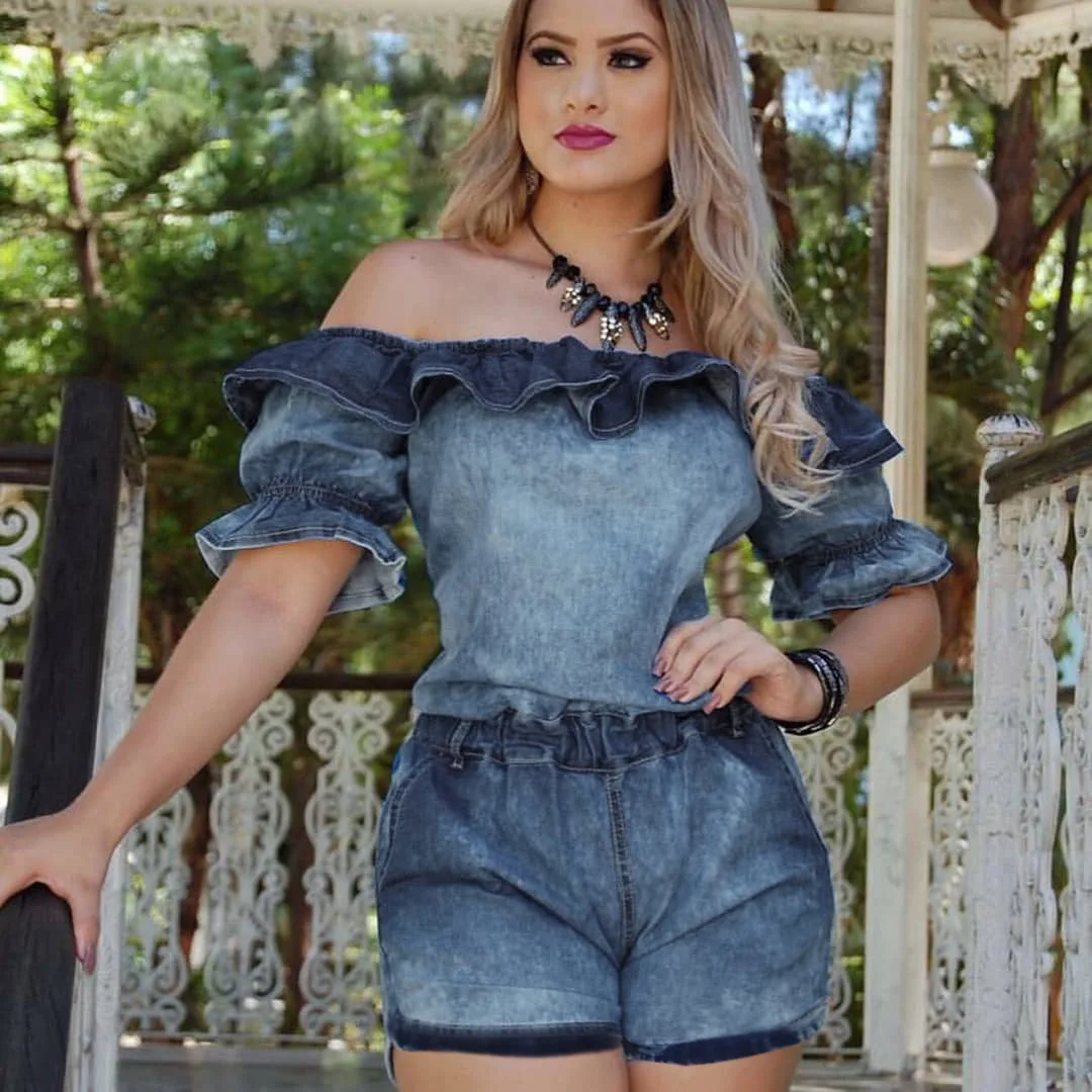 Sexy Off Shoulder Ruffles Strapless Short Sleeve Denim Playsuits Women Fashion Butterfly Sleeve Denim Romper Women Club Outfits