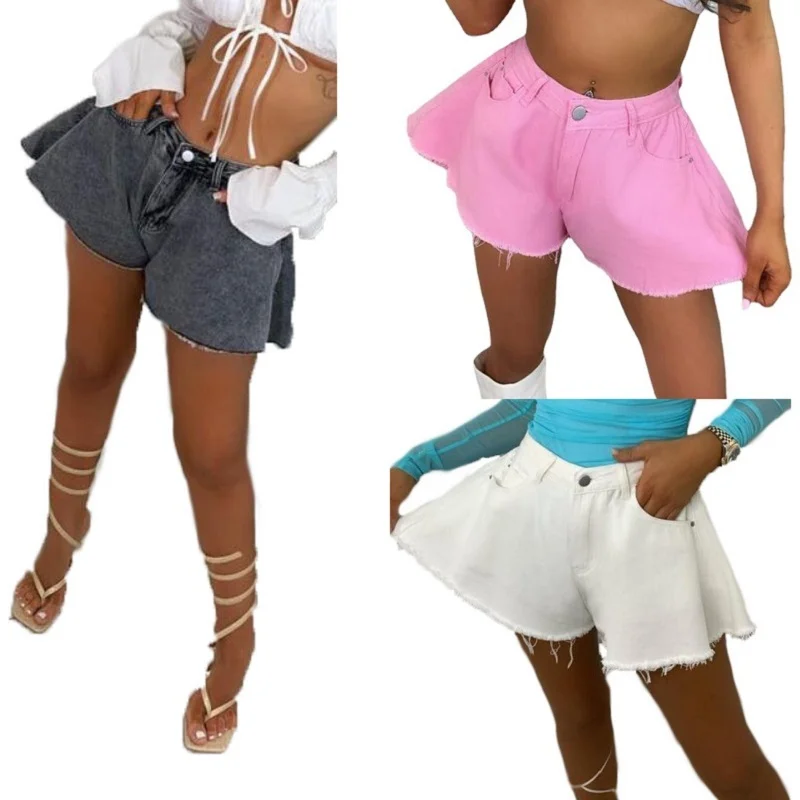 

Женские летние джинсовые шорты с оборками на подоле, синие карманы, женские шорты