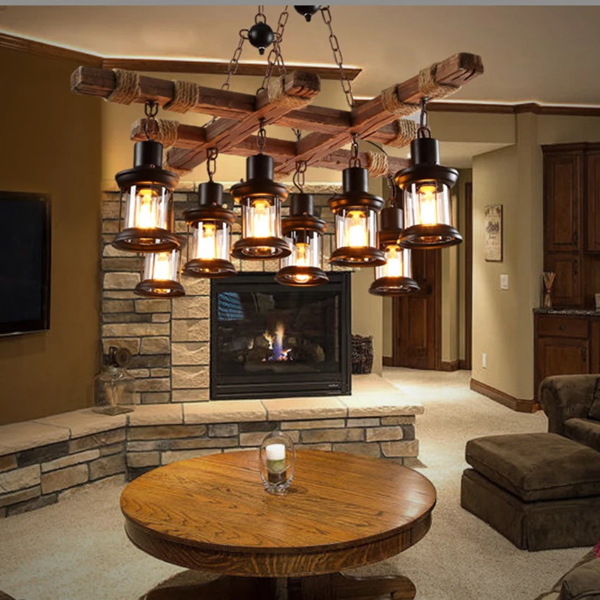 Винтажный подвесной светильник в стиле индастриал деревянный потолочный лофт