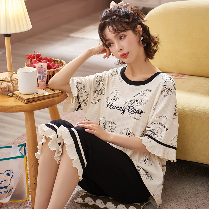 

Simple Sleepwear Pyjamas Women's Pajamas Cotton Short Sleeve Ladies Pijama Sets Homewear Cute Cartoon Lounge Wear T-shits