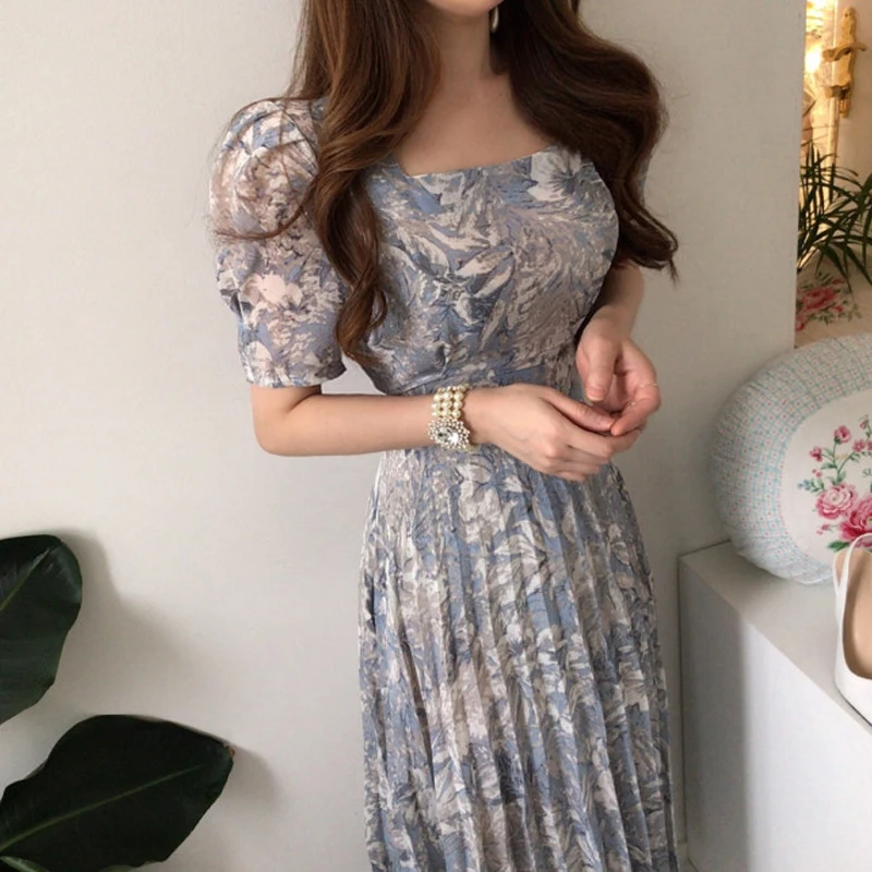 

One-Piece Ladies Pleated Dress Vintage Floral Print Elegant Korean Dress Fashion Women 2021 Spring Autumn Slim Long Sleeve Dress