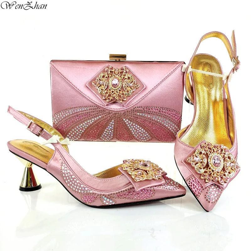 

Latest Purple Italian Soft Shoes and Bag Set for Party Women Wedding Shoes With Bag Bride Crystal High Quality WENZHAN b210-20