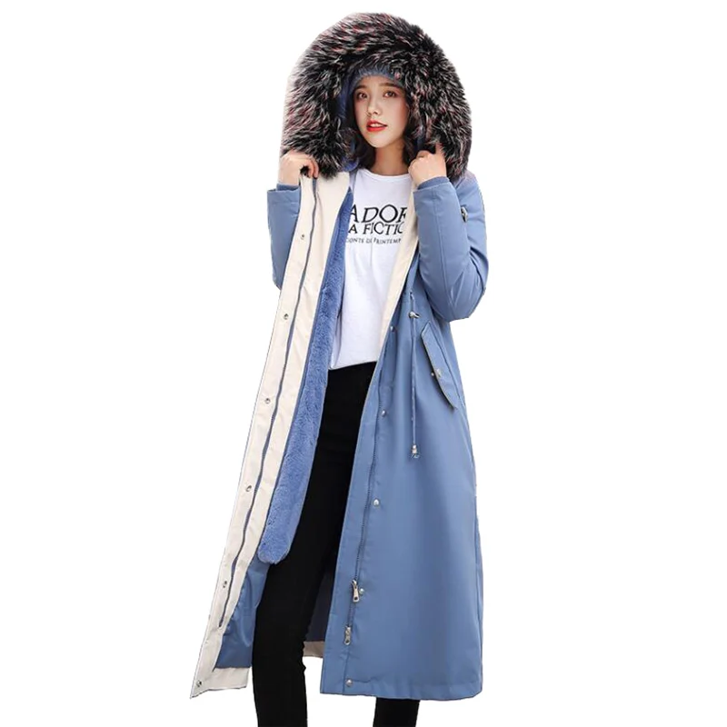 

2019 New Plus size winter parkas women thicken faux cashmere liner long coat female hooded warm cotton-padded jacket parka 2902