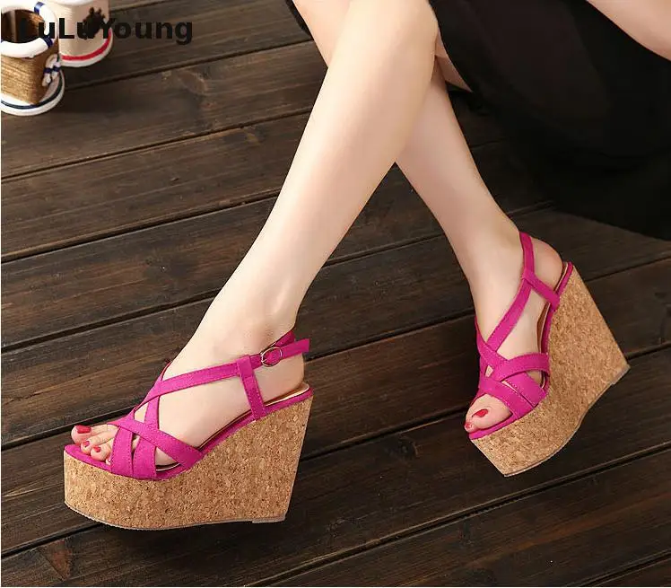 Новинка на высоком каблуке 11 см Обувь туфли танкетке с перекрестными ремешками