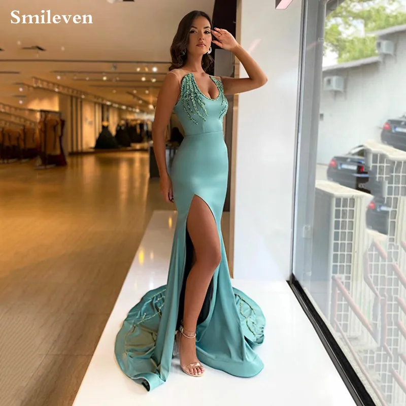 

Smileven New Design Satin Mermaid Prom Dresses Beaded V Neck Evening Dress Side Split Dubai Celebrity Party Gowns