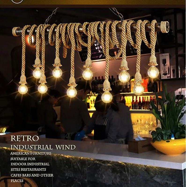 

Industrial retro Rope hanging lights loft chandelier restaurant suspended lamps living room fixtures Cafe bar deco lighting