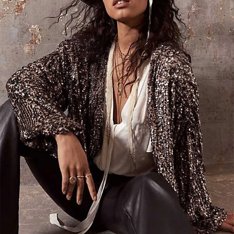 

New Sexy Deep V-neck Sequined Glitter Women Top Autumn Long Lantern Sleeve Black Cardigan Solid Clubwear Party High Street Tops