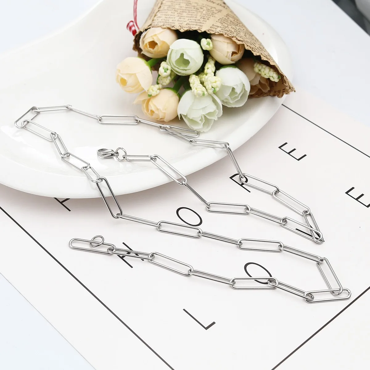 

Paperclip Chain Necklace Gold Silver Color Choker Collar Oval Elongated Link Chains Necklace Rectangle Chain Necklace Bracelet